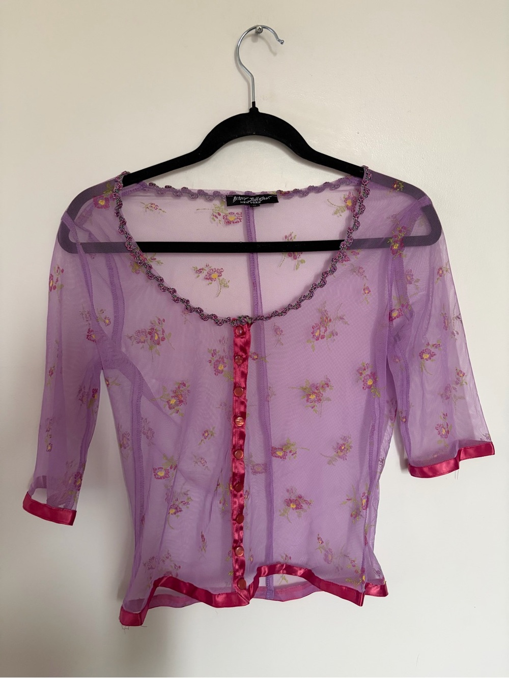 Betsey Johnson Vintage Sheer Mesh Purple Top with Pink Trim & Floral Piping - M